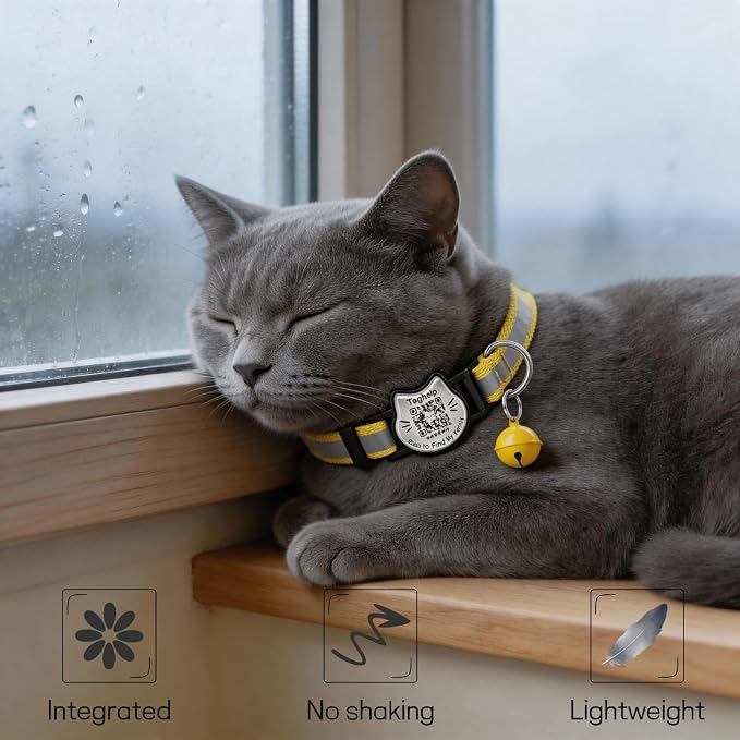 Breakaway Cat Collar with QR Code Tag and Bell(Yellow & Green) | Reflective Nylon, Quick-Release Buckle