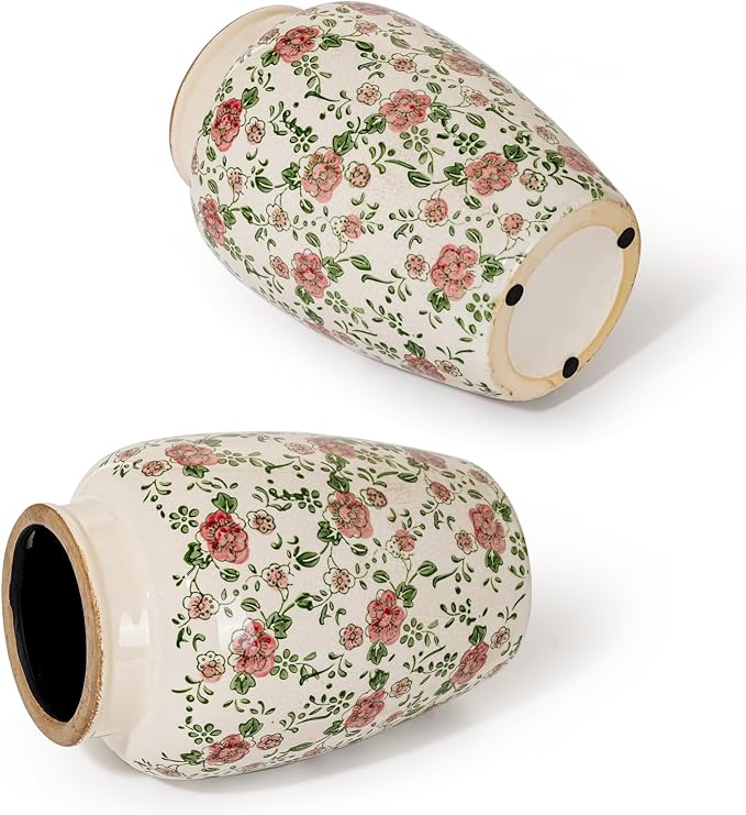 Sungmor Ceramic Flower Vase, Vintage Pink Ice Cracked Glaze Porcelain Vase | Pretty Home Decor Vase for Flower Arrangement, Fresh Flowers, 10.2 Inch Tall Chinoiserie Pottery Vase, Green Floral Pattern