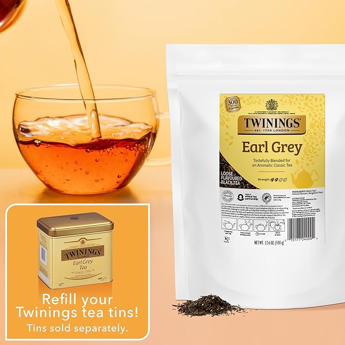 Twinings Earl Grey Loose Leaf Tea, 17.6 Ounces (500g) Resealable Pouch for Freshness (Pack of 1), Black Tea Leaves with Bergamot Peel, Smooth, Flavourful, Citrus, Caffeinated, Enjoy Hot or Iced