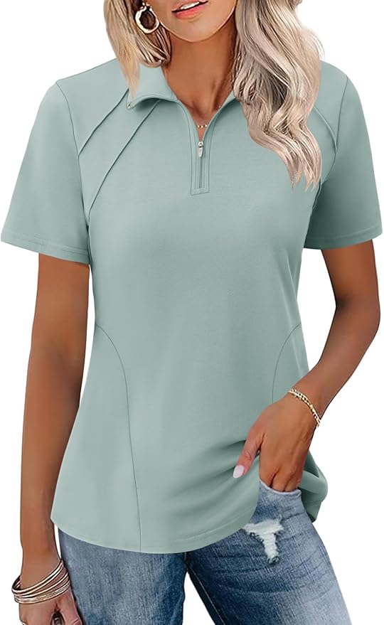 LOMON Womens Golf Polo Shirt Summer Short Sleeve Quarter Zip Outfit | Side-Pockets,Princess Seams,Cotton,Wrinkle Free,Moisture Wicking,Quick-Dry,Lightweight,Collared,for Tennis Workout