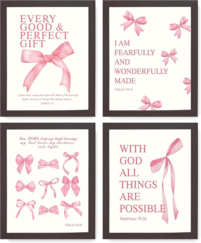 LARTSFRO Coquette Pink Bow Wall Art Decor Posters, Pink Bow Room Bedroom Bathroom Dorm Wall Art Decor Aesthetic for College Teen Girls Gifts, Inspirational Bible Verses Bow Wall Decor, 10x8 Inch Set of 4 Pcs Bow Pictures (DARK FRAMED)