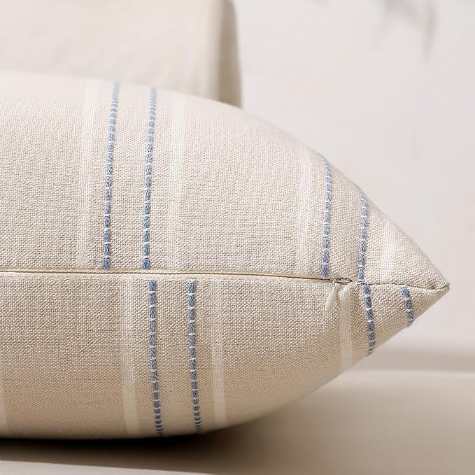 Hckot Dusty Blue Decorative Pillow Covers Stripe Throw Pillow Covers 18x18 | Set of 2 Farmhouse Decorative Pillows Textured Square Cushion Covers for Sofa Couch Bed Living Room Decor