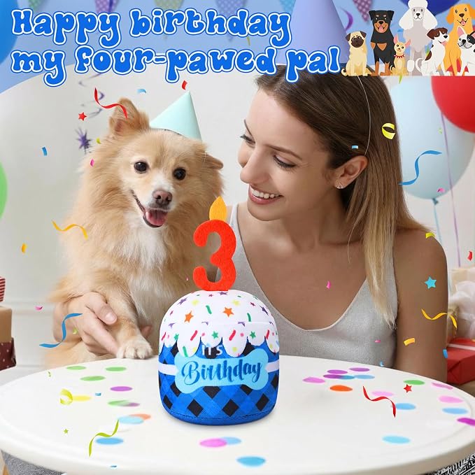 Dansydaisy Dog Birthday Cake Toy Squeaky Plush Gift,3rd,Blue Grid