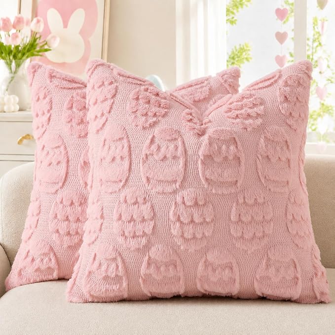 decorUhome Pink Faux Fur Egg Throw Pillow Covers 18x18 Set of 2 | Plush Soft Wool Jacquard Pink Cushion Covers, Modern Farmhouse Neutral Easter Holiday Decor Pillow Covers for Couch Sofa Bed