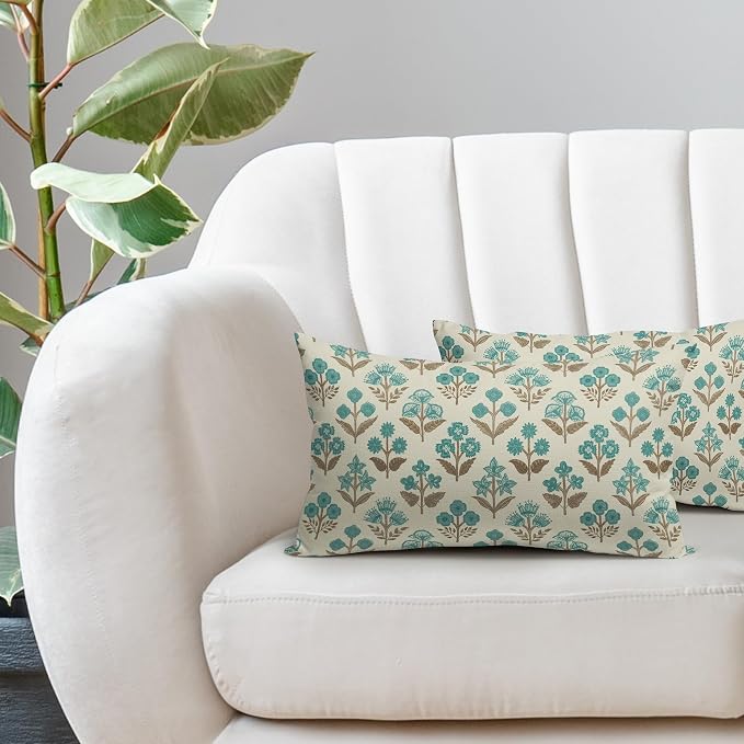 Brown Cyan Floral Pillow Covers 12x20 Inch Set of 2, Block Print Lumbar Flower Cream Decorative Throw Pillowcases Outdoor Farmhouse Rectangle Cushion Covers Spring Summer Sofa Couch Bed Decor