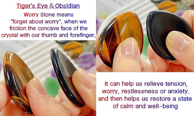 QINJIEJIE 2PCS Worry Stone for Anxiety Tiger's Eye Obsidian Healing Crystals Sets Hand Carved Thumb Stones Pocket Gemstones Meditation Crystal Reiki Relax Palm Stone Anxiety Relief Items
