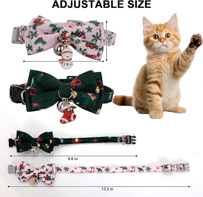 2 Pack Christmas Cat Collars with Bow Tie & Bell, Green & Pink Breakaway Kitten Collar, Adjustable Safety Holiday Collar for Girl Boy Cats