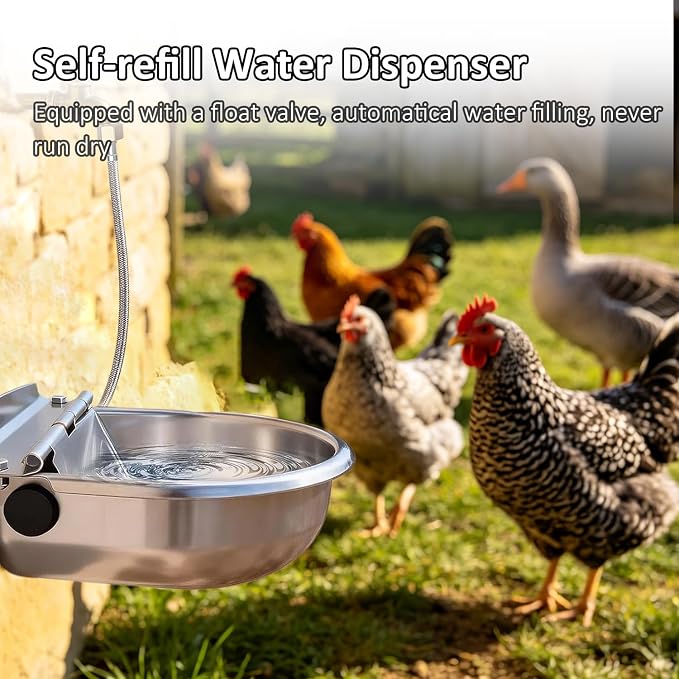 Automatic Water Dispenser for Dogs & Cat Stainless-Steel Water Bowl Outdoor | Heavy Duty Large Pet Waterer Feeder for Poultry & Livestock, w/ float valve