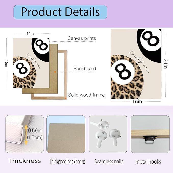 Trendy Leopard Wall Art Set of 3 Cheetah Canvas Aesthetic Wall Decor Funky Black Girl 8 Ball Lucky Poster Prints Pictures Artwork for Bedroom Living Room 12x16 Inch Framed