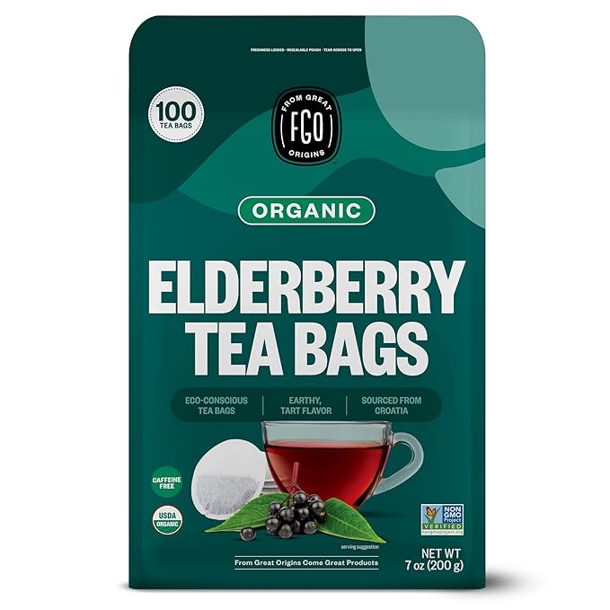 FGO Organic Elderberry Tea, 100 Count, Eco-Conscious Tea Bags, Resealable Bag, Packaging May Vary (Pack of 1)