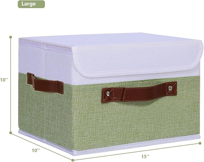 ANMINY Fabric Storage Box Bins with Lids, Green White, 15"x10"x10", 4 Pack | Keepsake Memory Storage, Cotton Linen, PP Board Reinforced, Washable, PU Handles, Foldable & Stackable, Decorative, Large