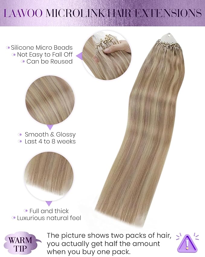 LaaVoo Micro Link Hair Extension Human Hair Dirty Blonde Highlighted with Platinum Blonde Micro Ring Hair Extensions Human Hair Blonde Micro Beads Extensions Real Human Hair 16inch 50g/50s