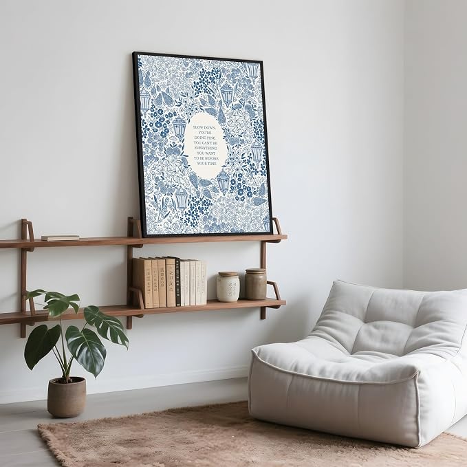 Framed Slow Down Youre Doing Fine Motivational Wall Art Music Quote Posters | Blue Inspirational Song Lyric Canvas Print Vintage Aesthetic Positive Affirmation Daily Reminder Office Home Decor 12x16inch
