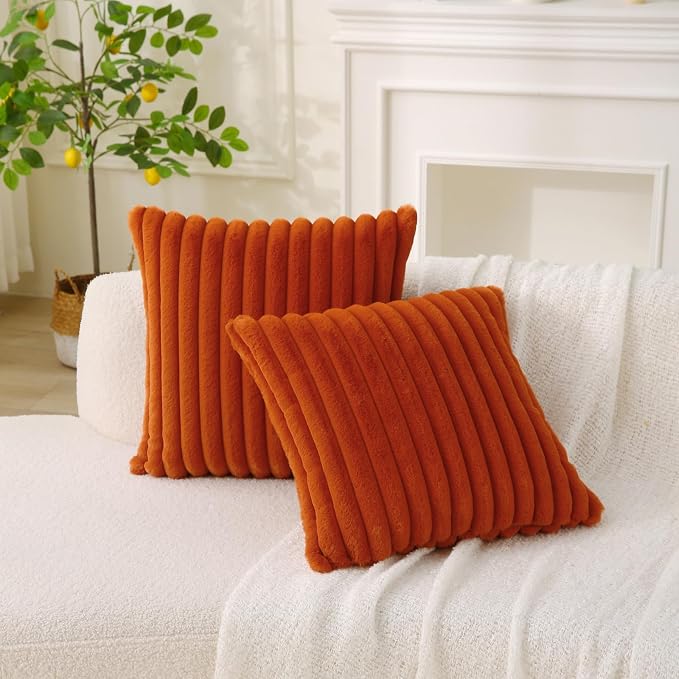 Decorative Throw Pillow with Inserts, Set of 2 Soft Faux Fur Throw Pillows, Square Boho Striped Pillow for Couch, Bed, Sofa Decor (Brownish-Orange, 16" x 16"(Pack of 2))