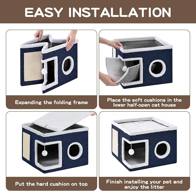 Large Cat Houses for Indoor Cats with Fluffy Ball and Scratch Pad | Foldable Cat Bed Cave for Multiple Pets, Kitten Bed for All Seasons, Non-slip, Hold Up to 30LBS, 16x16x13inch, Blue