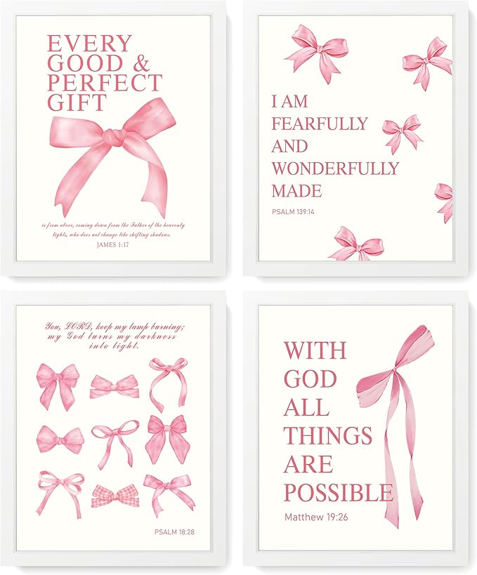 LARTSFRO Coquette Pink Bow Wall Art Decor Posters, Pink Bow Room Bedroom Bathroom Dorm Wall Art Decor Aesthetic for College Teen Girls Gifts, Inspirational Bible Verses Bow Wall Decor, 10x8 Inch Set of 4 Pcs Bow Pictures (WHITE FRAMED)