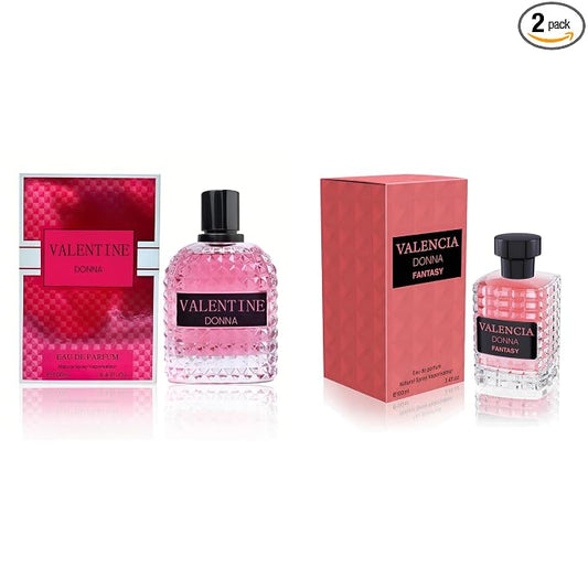A CENTER Valentine Donna&Valencia Donna Fantasy Perfume Set for Women - Floral Fragrance Gift Set with Floral Fruity Scent| 3.4 Fl Oz Each Eau De Pafume for Office Wear