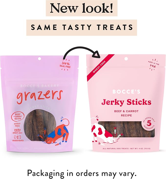 Bocce's Bakery Beef & Carrot Flavor Jerky Stick Dog Treats, 4 oz | High-Protein, Wheat-Free, Limited-Ingredient Treats with No Added Salt or Sugar - Baked in The USA