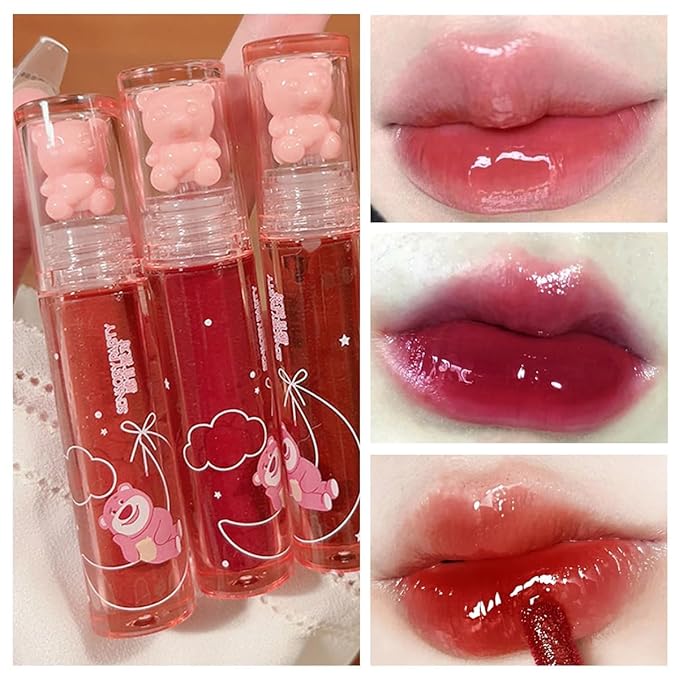 6 Colors Bear Lip Gloss,Jelly Lip Glaze,Cute Liquid Lipstick Bear Lip Stain Watery Lipgloss Plumping Lip Tint Moisturizing Waterproof Long Lasting for Lip and Cheek