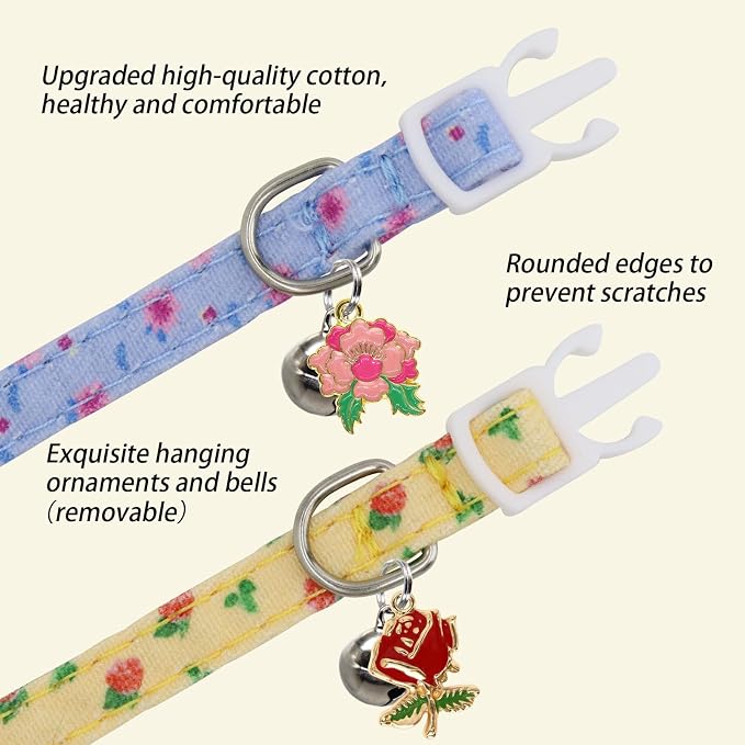 Cat Collars for Girl Cats & Boys, 2 Pack Soft Cotton Breakaway Collar with Removable Bell and Cute Charms, Adjustable Safety Pet Necklace, Rose