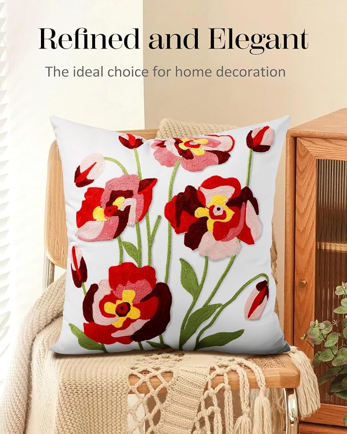 Embroidered Throw Pillow Cover - 18x18 Decorative Pillow Cover with Zipper Aesthetic Cute Design Boho Spring Summer Cozy Throw Pillowcase for Living Room Couch Sofa Bed, Rose Flowers