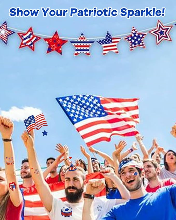 Fourth of July Decorations Tattoos, 10 Sheets 119 Styles 4th of July Temporary Tattoos for Kids Adults, Red White and Blue Party Supplies, USA Flag, Independence Day Favors, Memorial Accessories