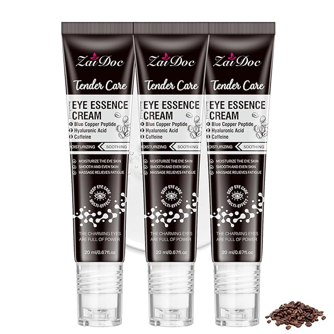 3Pcs Caffeine Eye Cream, 5 in 1 with Blue Copper Peptide, 360° Massage Roller Ball Eyes Serum, Anti Aging for Reduce Wrinkles, Puffiness and Bags Under Eyes, Moisturizes for All Skin, 0.67oz*3