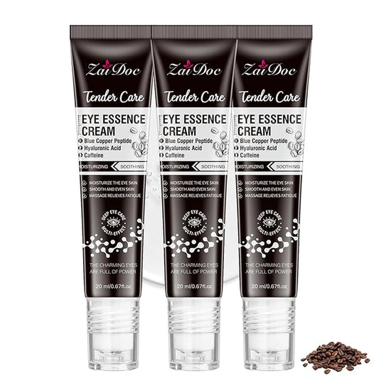 3Pcs Caffeine Eye Cream, 5 in 1 with Blue Copper Peptide, 360° Massage Roller Ball Eyes Serum, Anti Aging for Reduce Wrinkles, Puffiness and Bags Under Eyes, Moisturizes for All Skin, 0.67oz*3