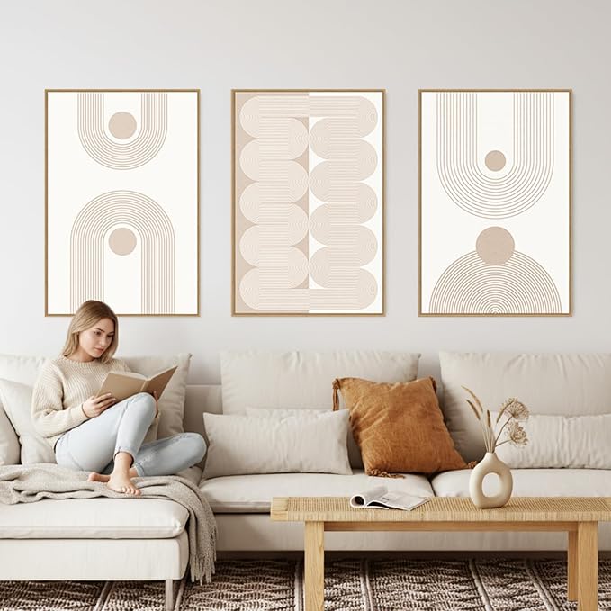 SAFERRYHOME Large Boho Neutral Abstract Beige Modern Wall Art, 24"x36"x3 | Mid Century Neutral Framed Canvas Print Modern Wall Decor,Geometric Line Artwork for Living Room Bedroom Office,Ready to Hang