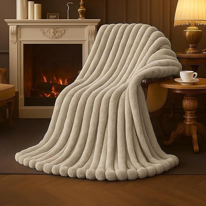 Faux Fur Throw Blanket for Couch, Cozy Fuzzy Fluffy Fur Luxurious Soft Striped Plush Gift Blankets for Family Sofa Chair Bedroom, 55"x70", Beige