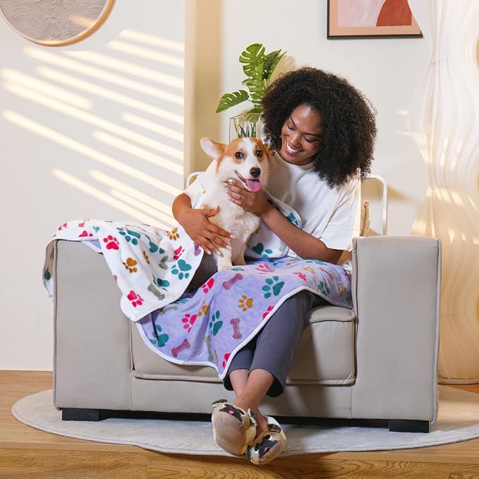 Luciphia 1 Pack 3 Blankets Fluffy Premium Fleece Pet Blanket Flannel Paw Bone Printed Throw for Dog Cat(Large 41x31'', Purple/Pink/White) | Washable Throw Blanket for Crate, Couch, Bed, Travel. Cute Paw & Bone Print. Puppy Essential, Dog Gift,Purple/Pi...