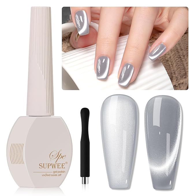 Silver Cat Eye Gel Nail Polish, Glitter Holographic Gel Polish with Magnet Moonlight Jelly Glass Magnetic Gel Polish Soak Off U V Gel Salon DIY at Home,15ml/ 0.5 OZ