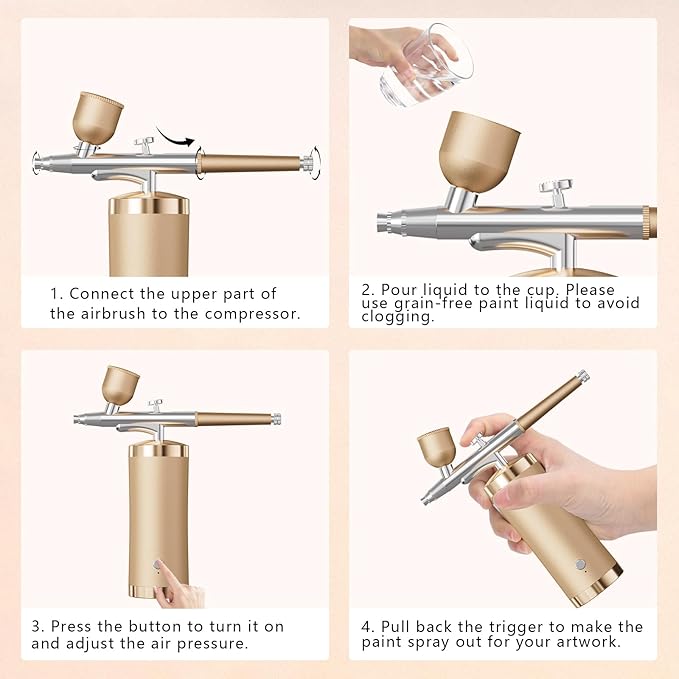 Airbrush Kit With Compressor 48PSI Rechargeable High Pressure Air Brush Set Cordless Airbrush Kit with 0.3mm Nozzle for Painting,Nail Art, Cake Decor,Makeup,Modeling (Golden)