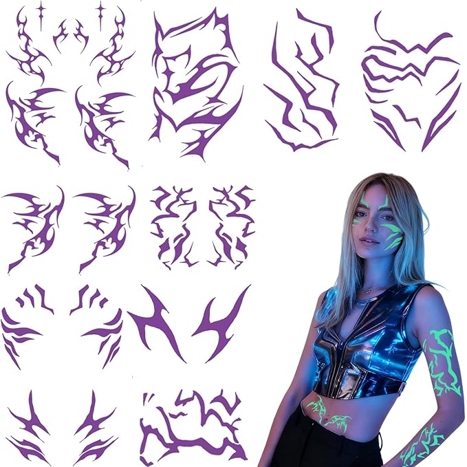 Temporary Tattoos For Men and Women - 12 Sheets Full Body Tattoos Stickers Waterproof Movie Cosplay Costume Accessories for Boys Girls Festival Party Rave Stage Makeup Decoration（Luminous）