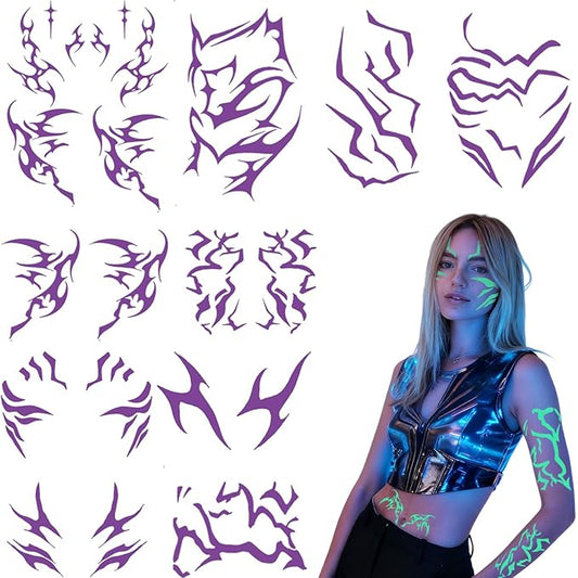Temporary Tattoos For Men and Women - 12 Sheets Full Body Tattoos Stickers Waterproof Movie Cosplay Costume Accessories for Boys Girls Festival Party Rave Stage Makeup Decoration（Luminous）