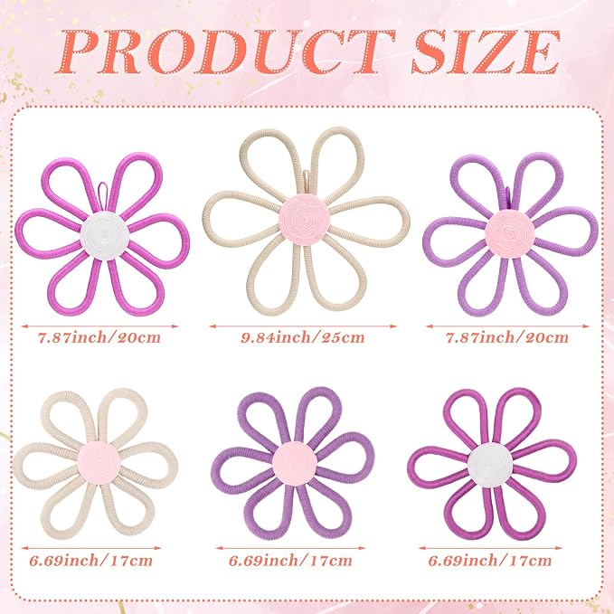 Barydat 6 Pcs Boho Nursery Decor Daisy Flower Woven Macrame Wall Hanging 3 Size Daisy Flower Wall Decor Bohemian Nursery Decorations for Home Dorm Art