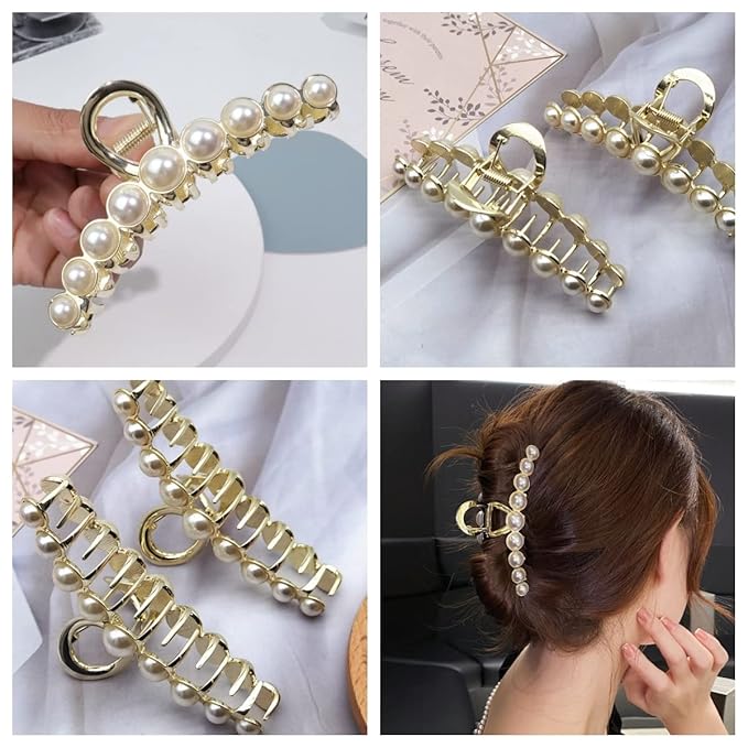 Vintage Metal Pearl Hair Clip, Imitation Pearl Hair Claw Clips Large Size, Hair Clasps Accessories for Women Lady Girls, 2 Pieces