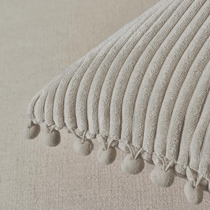 Fancy Homi Pack of 2 Boho Neutral Taupe Lumbar Decorative Throw Pillow Covers with Pom-poms, Soft Corduroy Solid Rectangle Cushion Cases Set for Couch Sofa Bedroom Car(12x20 Inch/30x50 cm)