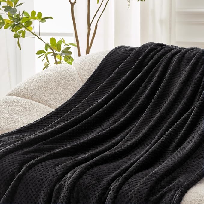 Exclusivo Mezcla Large Waffle Fleece Throw Blanket for Couch, Black | Lightweight Soft Blanket for Sofa, Bed, Living Room, Plush Fluffy Throw for Home Decor, Travel, All Season, 50x70 Inches