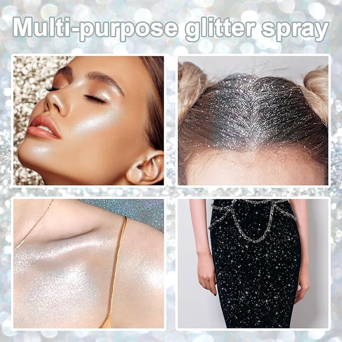 Hair and Body Glitter Spray, 1PC Hair Glitter Extra Fine Face Shimmer Powder for Clothes, Festival Loose Sparkle Powder for Rave Clothes Nail Art Easter Halloween Crafts (Silver)