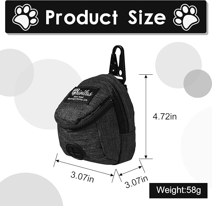 FuninCrea Dog Treat Pouch Bag, Black, 4.7 x 3.1 x 3.1 inches (12 x 8 x 8 cm), Oxford Cloth, Dog Training Treat Pouch with Built-in Poop Bag Dispenser, Practical Classic