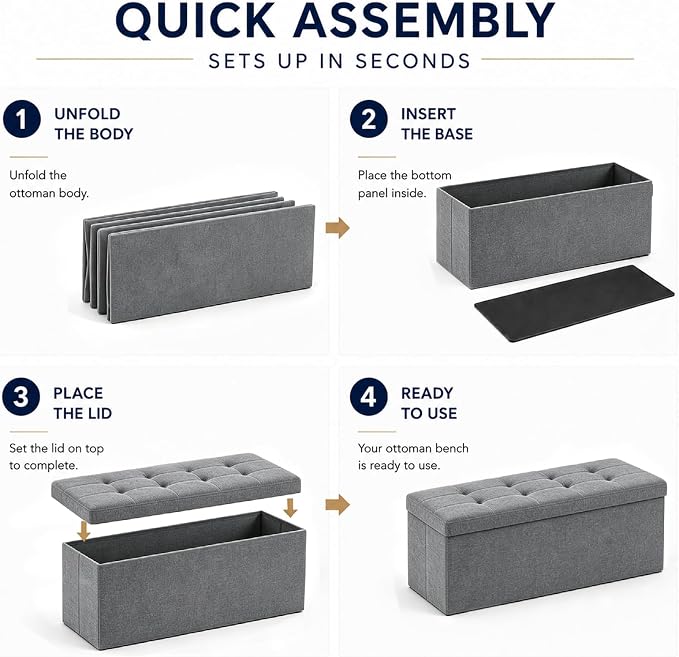 ALASDO 43 Inch Folding Storage Ottoman Bench with Hidden Storage, PU Leather Ottoman Foot Rest Stool, End of Bed Bench for Bedroom, Living Room, Entryway and Closet, Grey