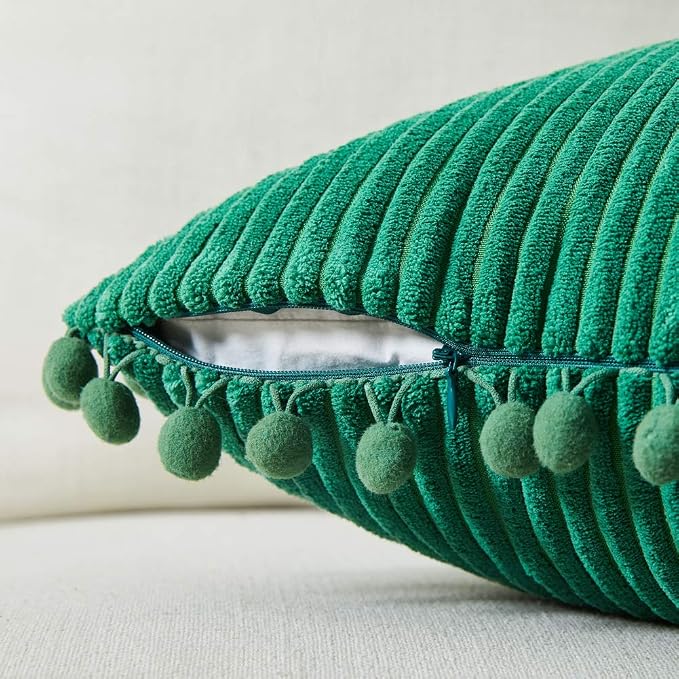 Fancy Homi Pack of 2 Corduroy Christmas Decorative Throw Pillow Covers with Pom-poms, Soft Solid Square Cushion Pillow Cases Set for Couch Sofa Bedroom Car Living Room (16x16 Inch/40x40 cm, Green)