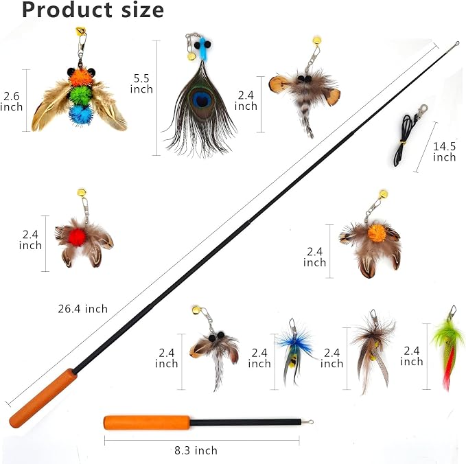 miwoowim 10PCS Retractable Cat Wand Toy with Natural Feather Insect Refills | Sturdy wooden handle with 4-section telescopic rod (8.3"-26.4"). Interactive Kitty Toys on a Stick.Promotes healthy exercise