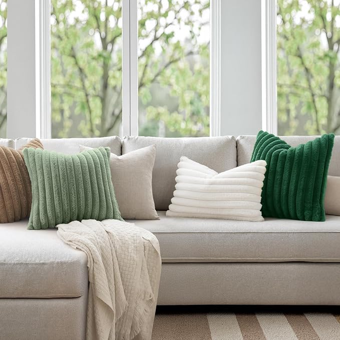 MIULEE Faux Fur Decorative Throw Pillow Covers 18x18 Set of 2 Dark Green | Modern Soft Plush Couch Pillows, Cozy Fluffy Cushion Covers for Sofa Bed Living Room Home Decor
