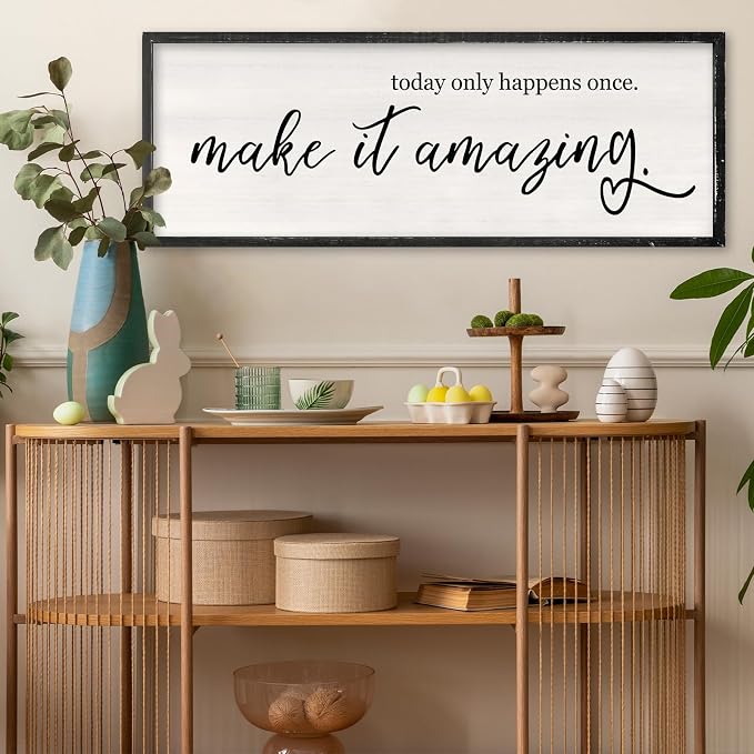 RLWangChao Today Only Happens Once Make It Amazing Wall Art 40"X15" Black | Large Inspirational Quote Sign Rustic Living Room, Vintage Wood Frame, Office Motivational Home Wall Hanging Decor