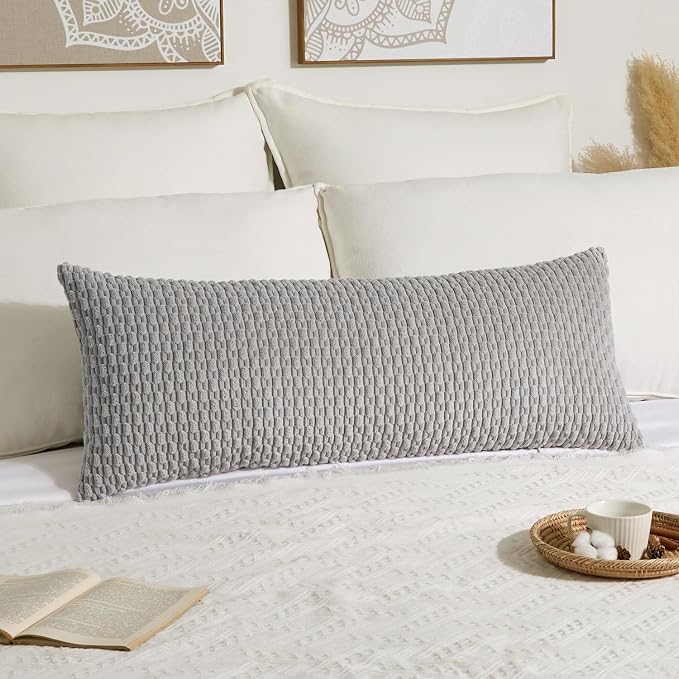 Kevin Textile Soft Corduroy 20"x54" Body Pillow Cover 1 Pack, Light Grey | Boho Stripe Plush Corduroy Decorative Oblong Cushion Cover Modern Farmhouse Home Decor for Sofa Couch Bed Chair