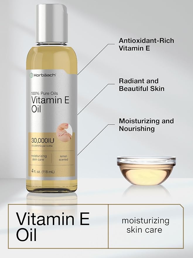Horbäach Vitamin E Oil For Skin and Face | 4 fl oz | 100% Pure Oils | Moisturizing Skin Care | Non-GMO, Vegetarian | Lemon Scented