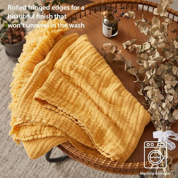 Simple&Opulence Cotton Muslin Throw Blanket for Bed, Couch, Knit Woven Gauze Blanket with Tassels, Soft Lightweight Cozy Pre-Washed Breathable Farmhouse Decoration for All-Season (Yellow)