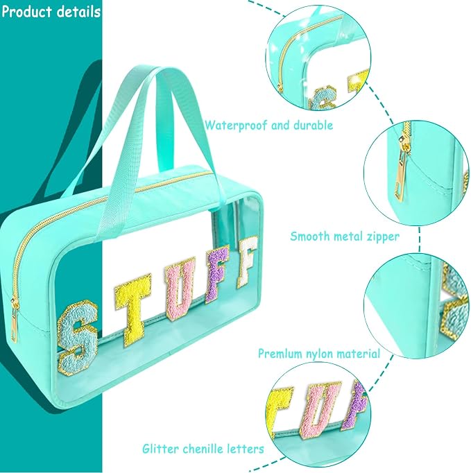 Bunliuys Chenille Letter Clear Makeup Bag with Stuff Patch, Travel Toiletry Makeup Bag with Handle, Nylon Waterproof Cosmetic Bag, Preppy Patch Makeup Bag for Women (Light Blue)